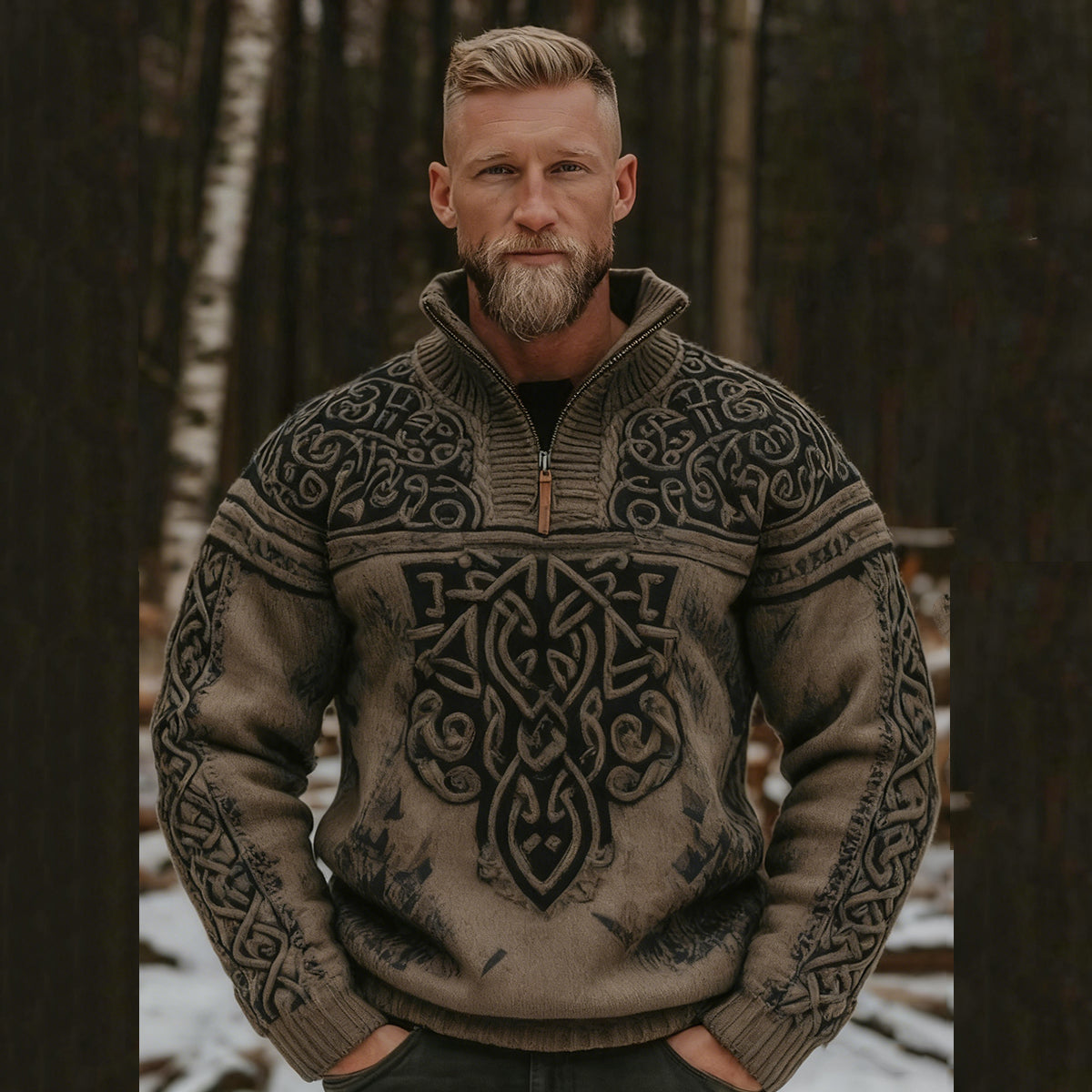 Men's Viking Celtic Art Knit Zipped High Neck Sweater