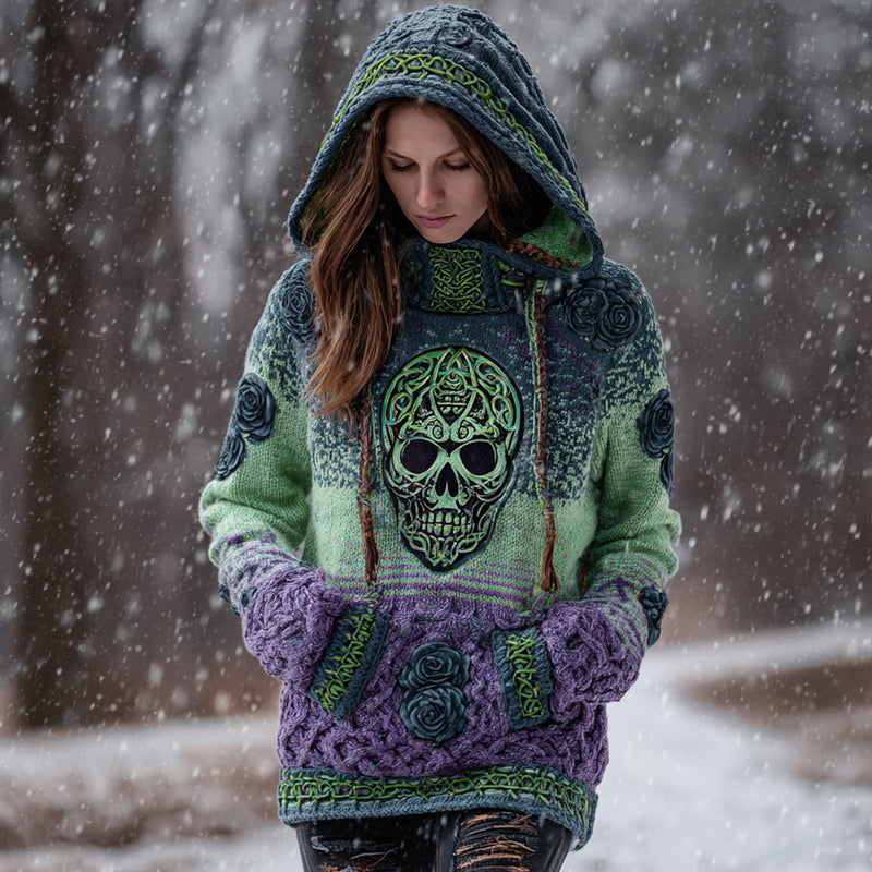 Women's Viking Tribal Jacquard Celtic With Rose And Skull Inspired Chunky Knit Hooded Sweater