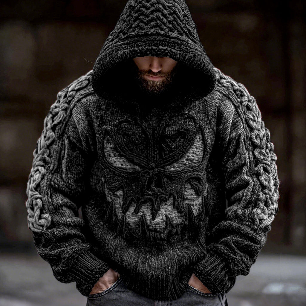 Men's Viking Devil Face Celtic Knot Jacquard Knit Hooded Sweater