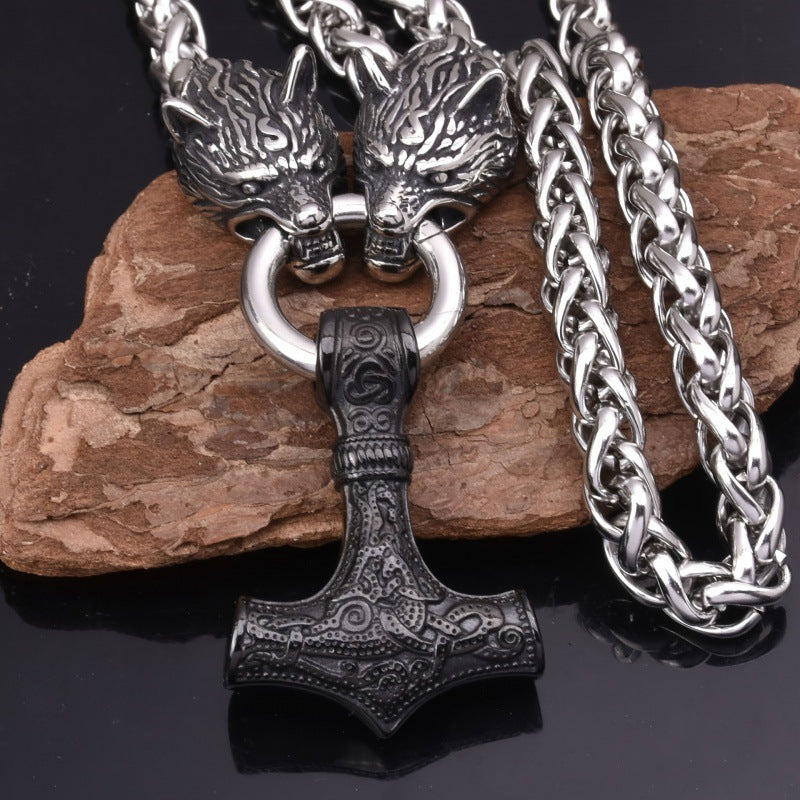 Viking Wolf Head Thor's Hammer Pendant Necklace
