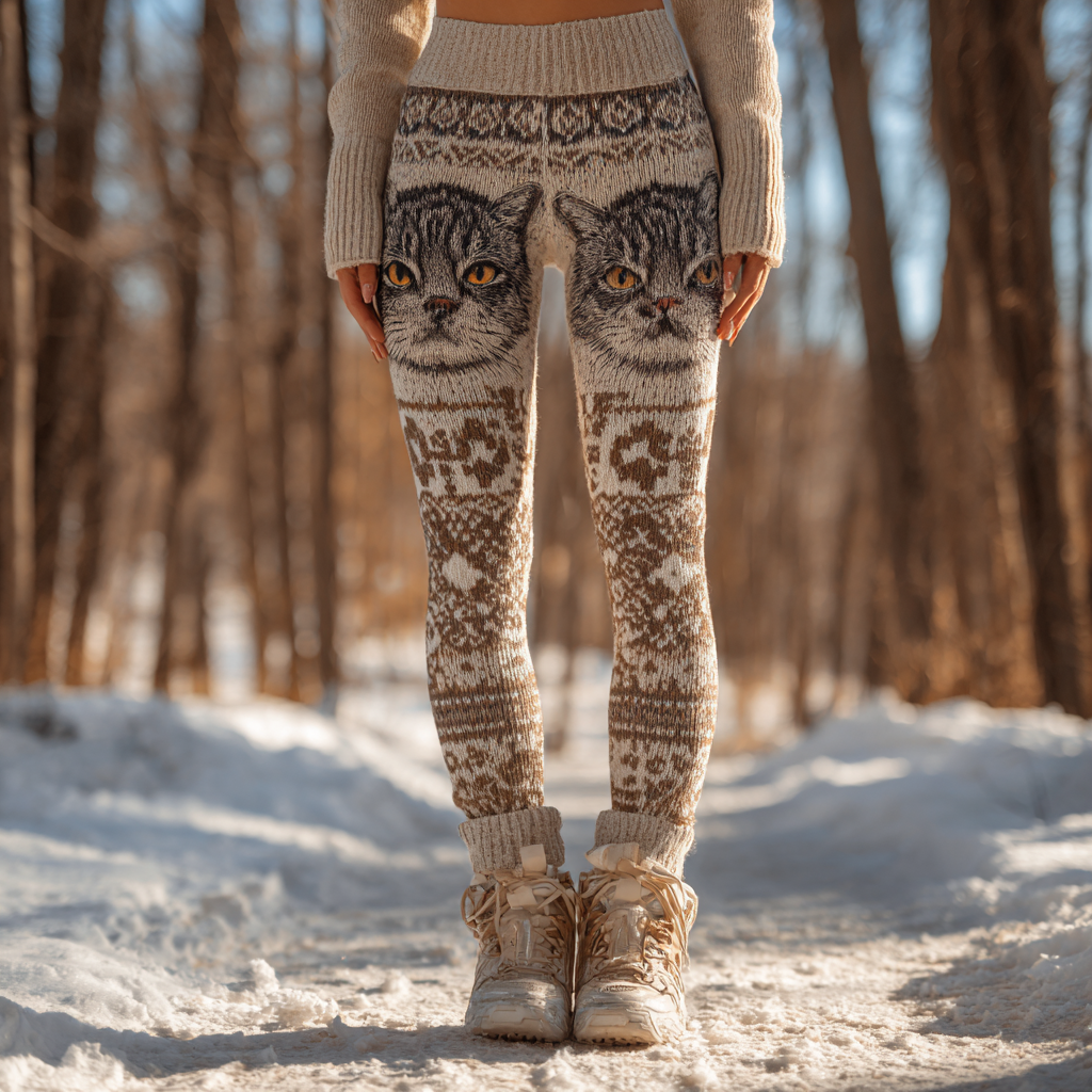 Retro Viking Style Cute Cat Print Women's Tight Knit Leggings