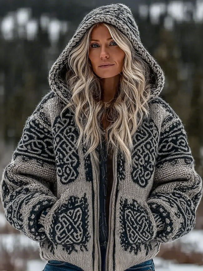 Women's Vintage Viking Celtic Knot Art Knit Zip-up Hooded Sweater