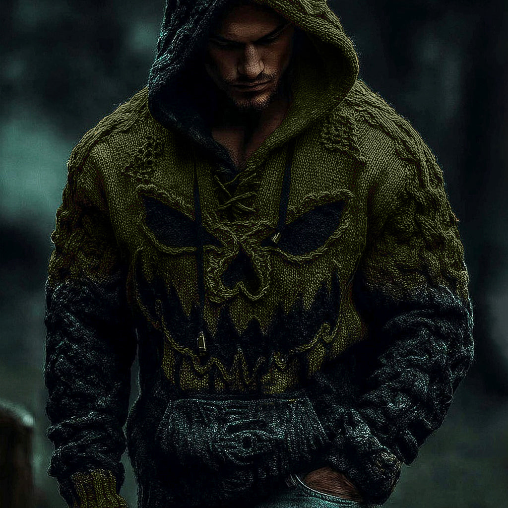 Men's Halloween Pumpkin Face Gradient Jacquard Knit Hooded Sweater