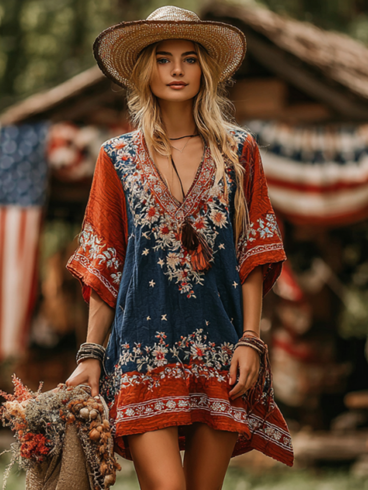 Women's American Western Country Style Floral Embroidered Patchwork Art V-neck Dress
