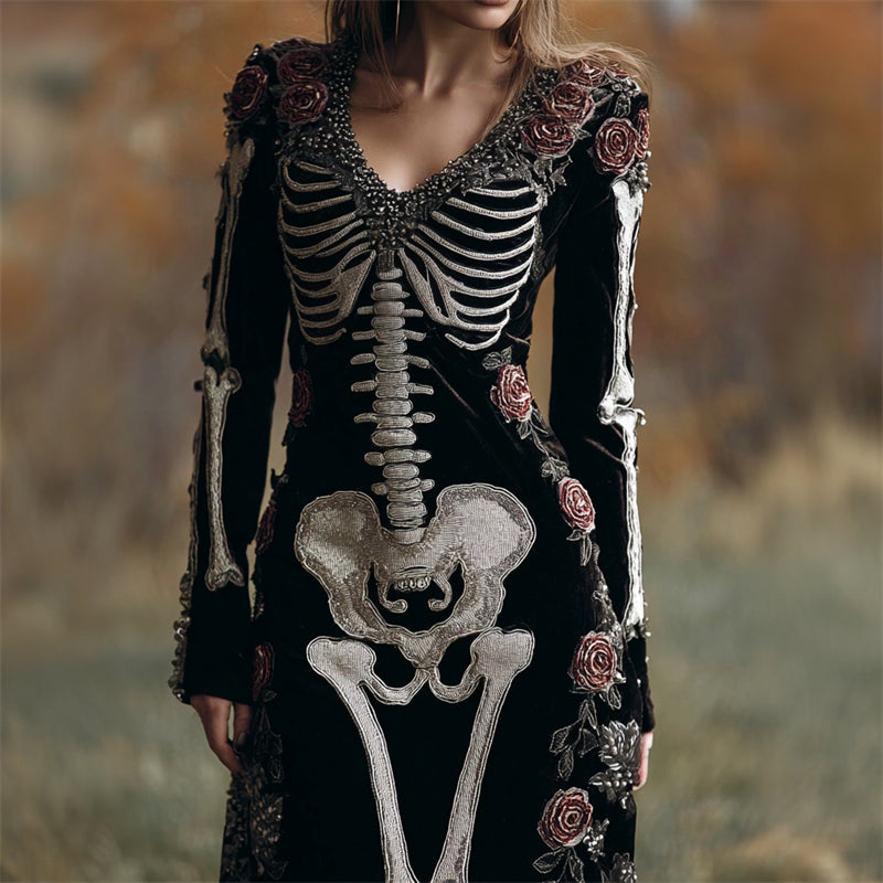 Vintage Skeleton Roses Glitter Beaded Cozy Velvet Maxi Dress
