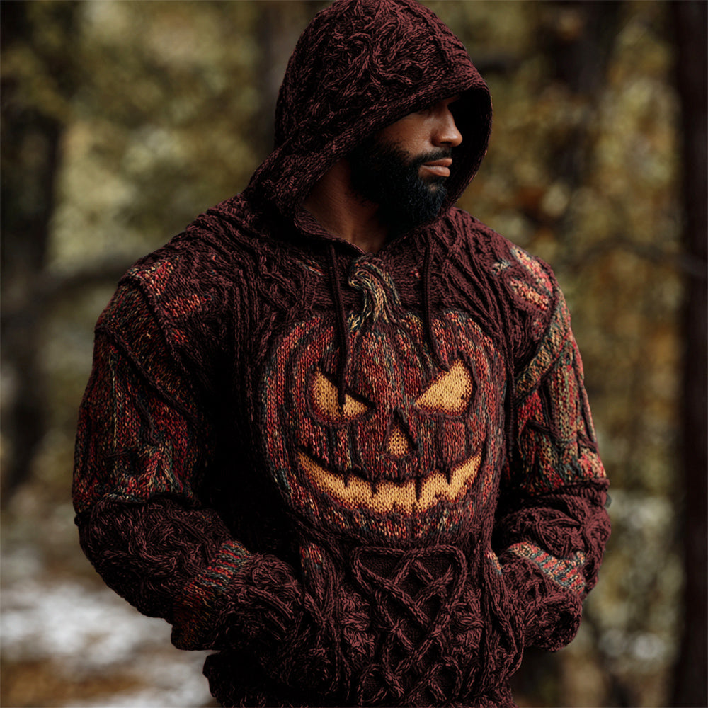 Halloween Pumpkin Lights Men's Chunky Knit Hooded Sweater