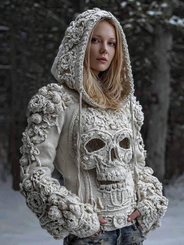 Women's Skull Flower Art Knit Hooded Sweater