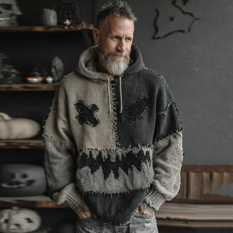 Men's Halloween Spooky Face Colorblock Stitched Hooded Cozy Knit Sweater