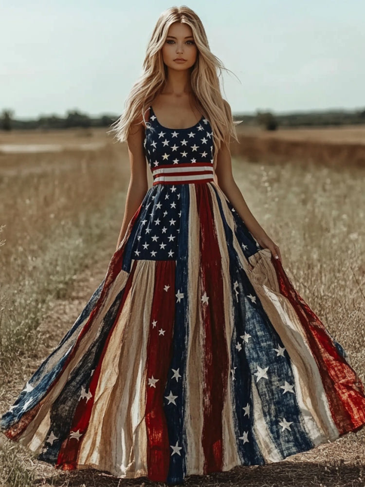 Vintage Independence Day Print Linen Maxi Dress
