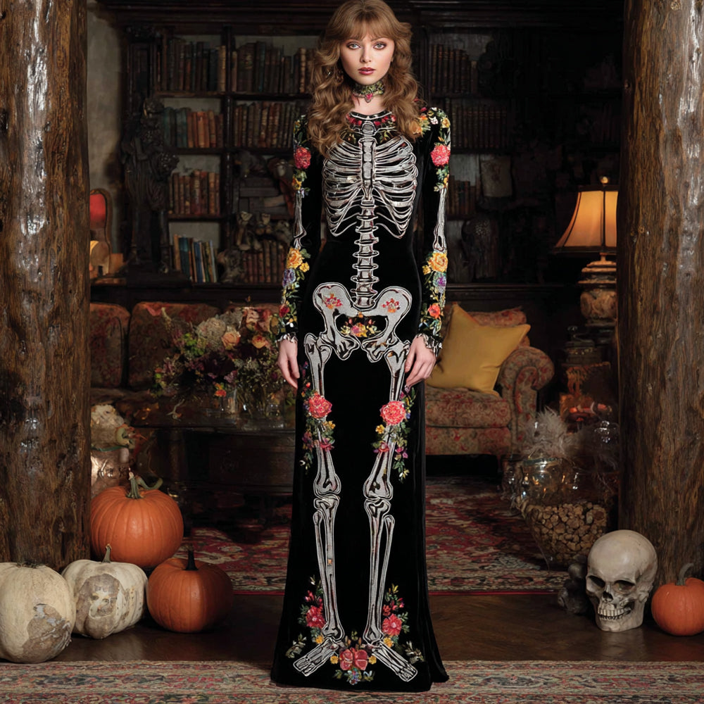 Classy Mexican Day Of The Dead Skeleton Bones Embroidery Flowers Cozy Velvet Maxi Dress