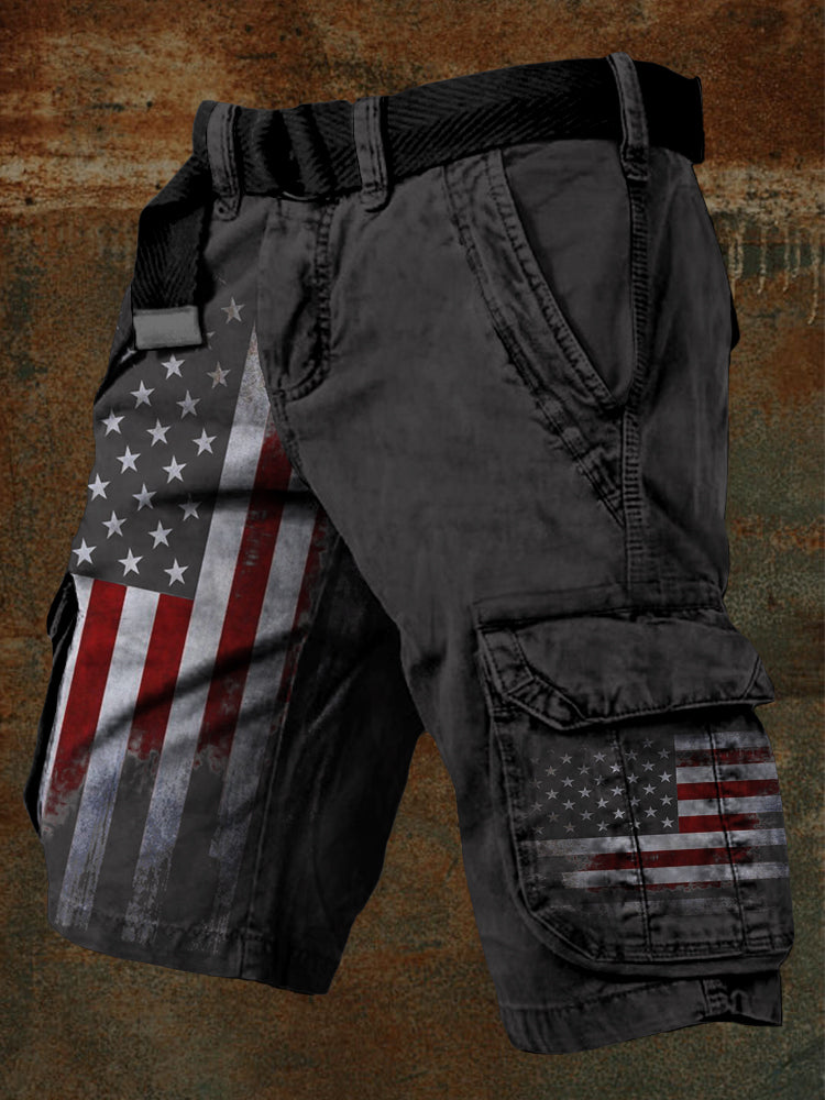 Men's American Flag Print Vintage Cargo Shorts