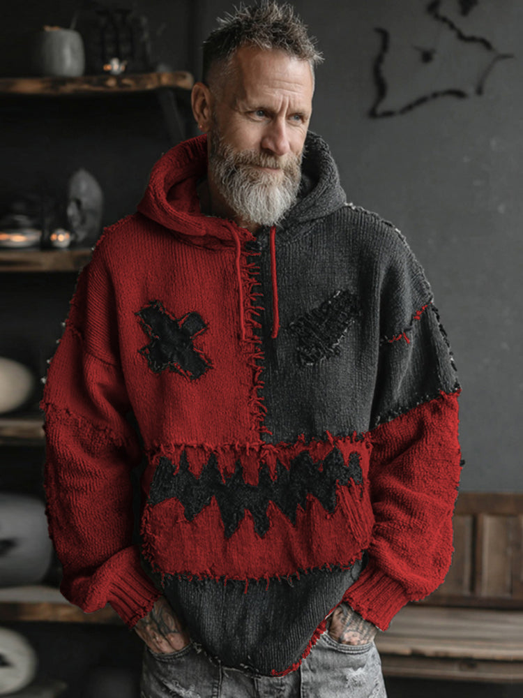 Men's Halloween Spooky Face Colorblock Stitched Hooded Cozy Knit Sweater