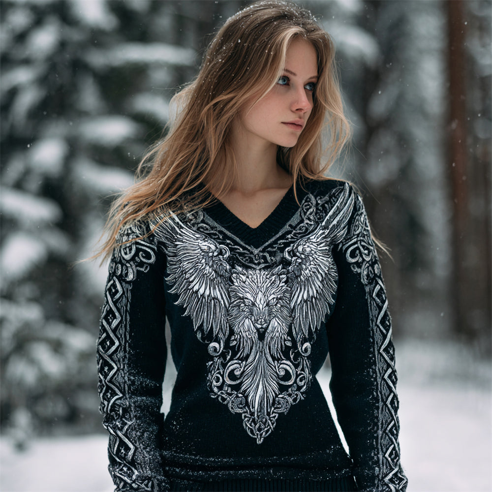 Celtic Wolf With Wings Pattern Women's Knit V-neck Sweater