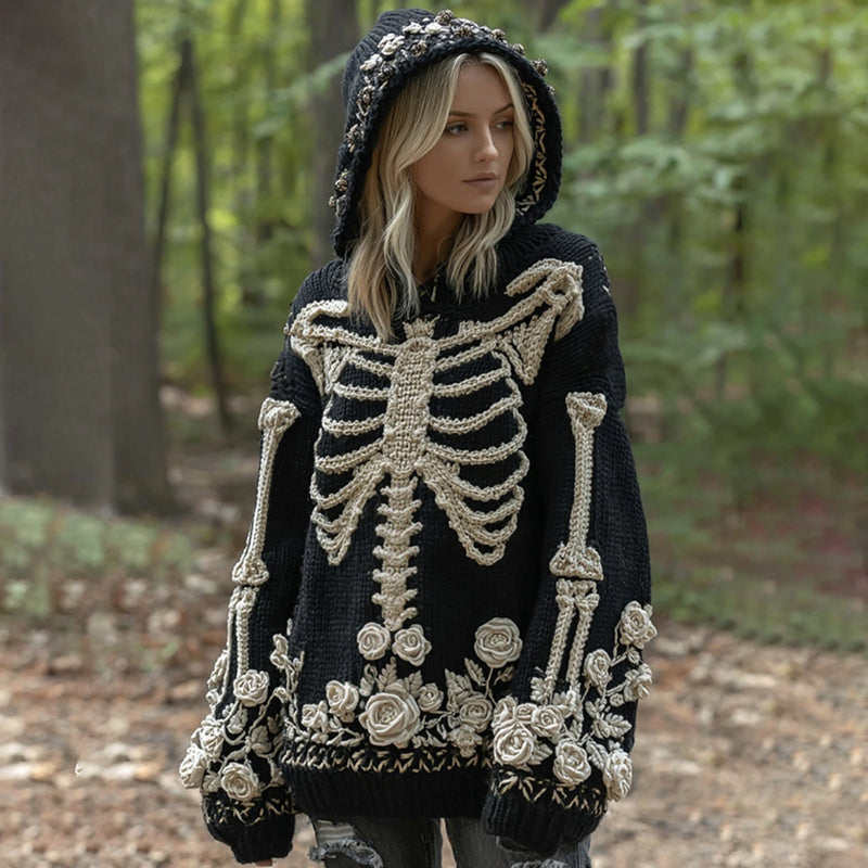 Halloween Skeleton Anatomy Floral Hooded Cozy Knit Sweater