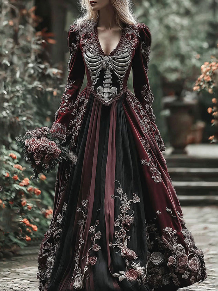 Vintage Skull Skeleton And Red Roses Flowy Maxi Dress