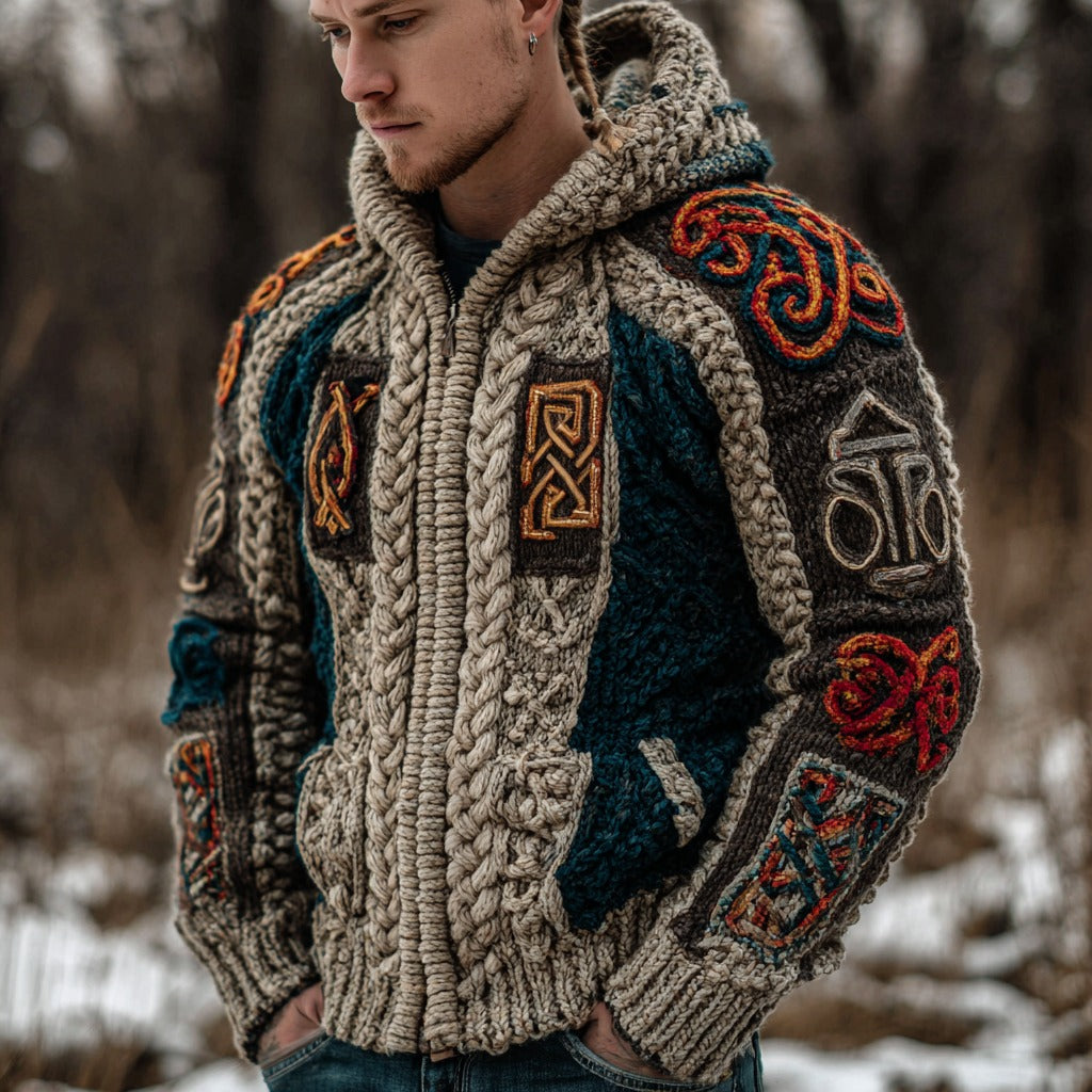 Men's Vintage Viking Celtic Symbols Knitted Jacquard Zip-up Hooded Sweater