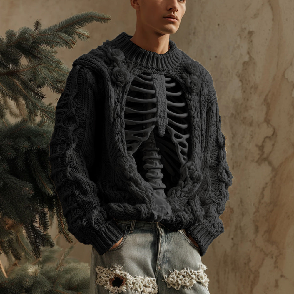 Men's Halloween Retro Anatomy Art Coarse Needle Round Neck Sweater