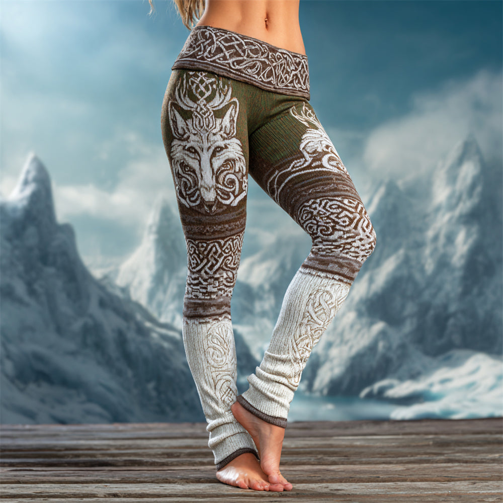 Vintage Viking Celtic Knot & Wolf Totem Women's Knit Leggings