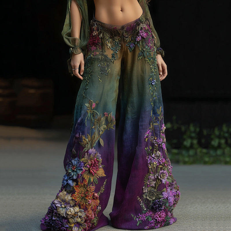 Vintage Classy Gradient Purple Peacock And Floral Embroidered Art Linen Blend Casual Pants