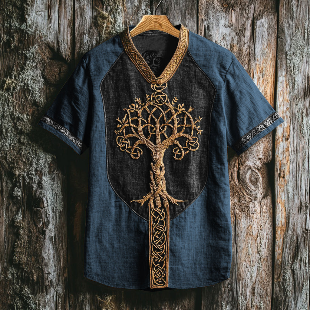 Men's Viking Life Of Tree Celtic Knot Art Linen V-neck T Shirt