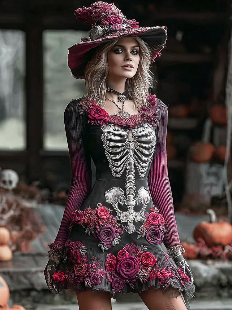 Halloween Witch Skeleton & Floral Lady Long-sleeve Knit Mini Dress