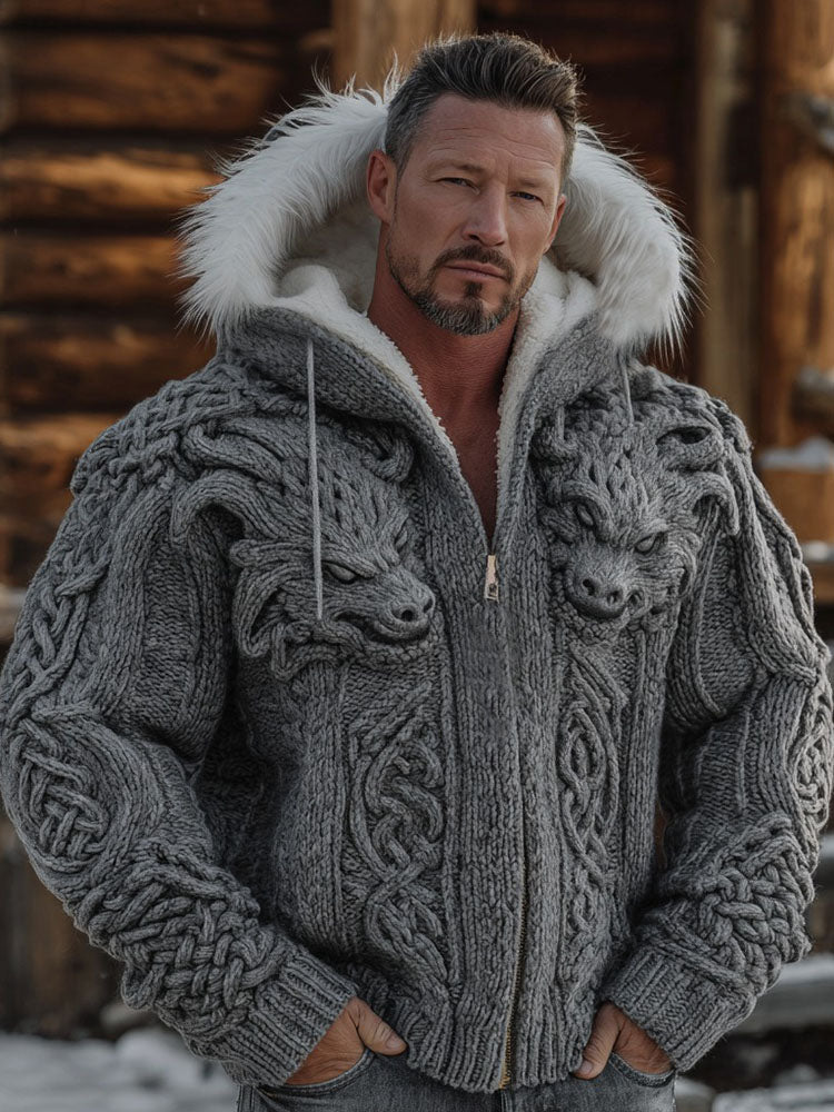 Men's Viking Celtic Knot Dragon Art Cozy Fur Collar Knit Hooded Sweater Jacket