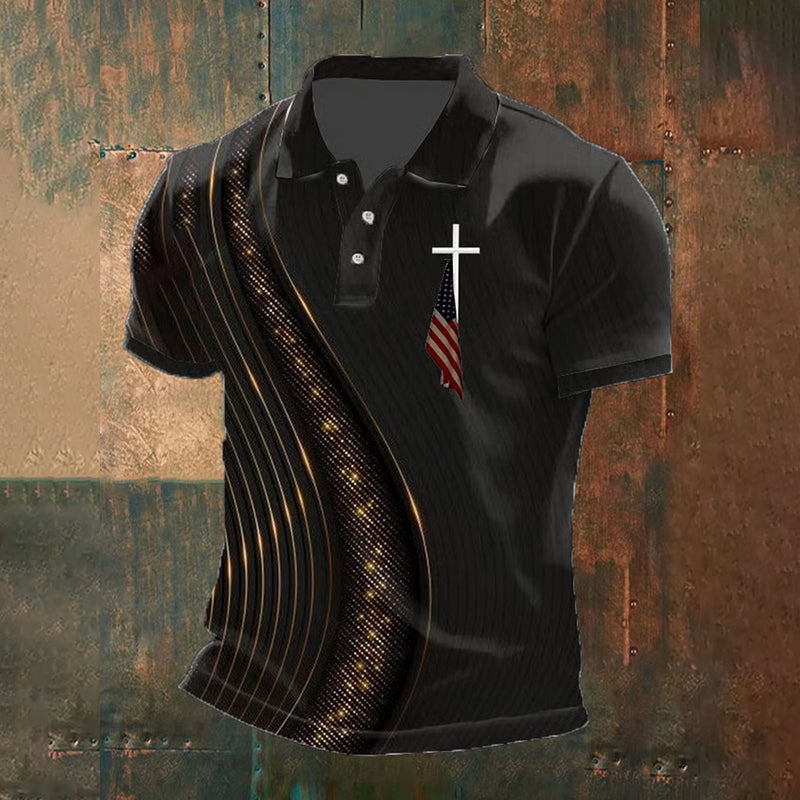 Men's Independence Day American Flag Cross Print Polo Shirt