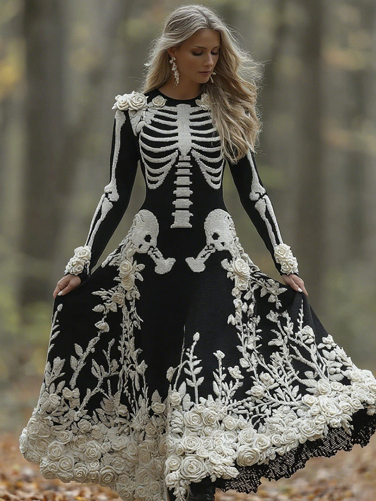 Women's Retro Halloween Skeleton Bones With Rose Art Cozy Knitted Warm Long Sleeve Maxi Dress