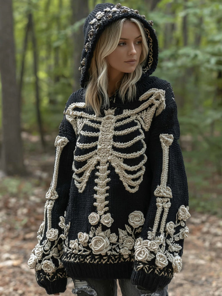 Halloween Skeleton Anatomy Floral Hooded Cozy Knit Sweater