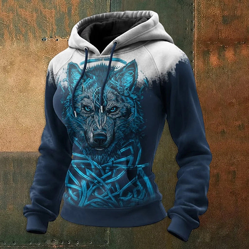 Women's Viking Wolf Print Casual Hoodie
