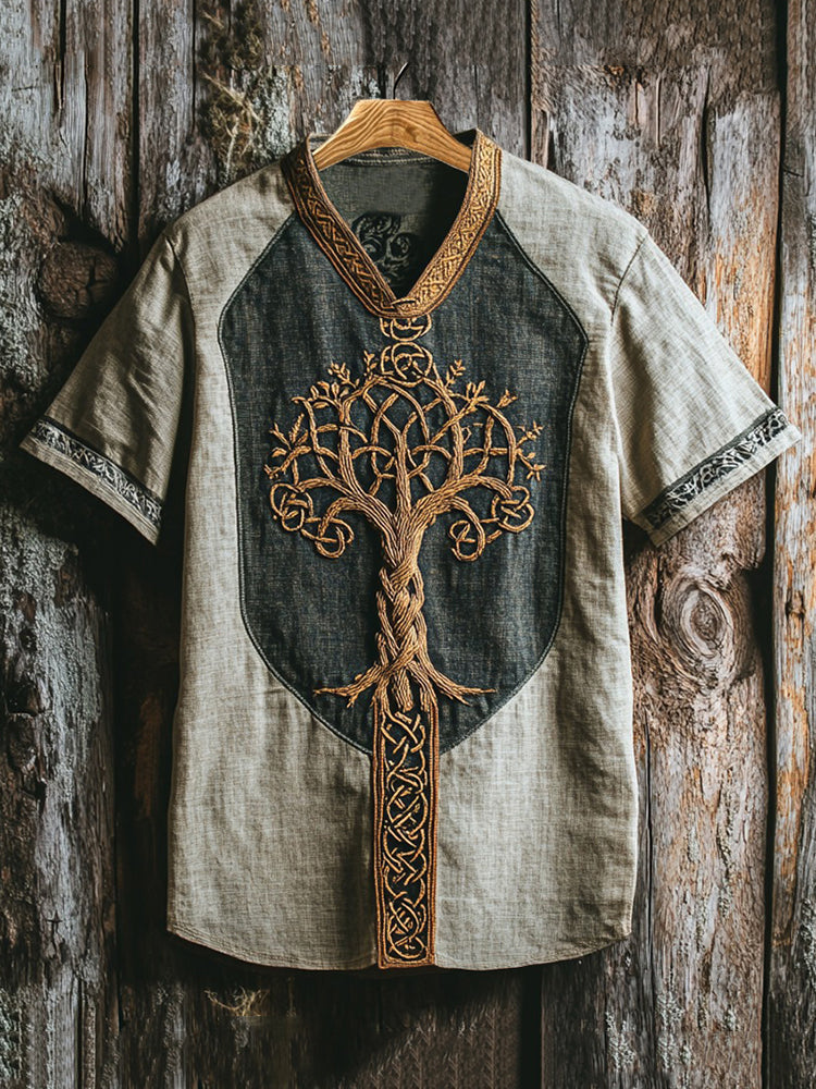 Men's Viking Life Of Tree Celtic Knot Art Linen V-neck T Shirt