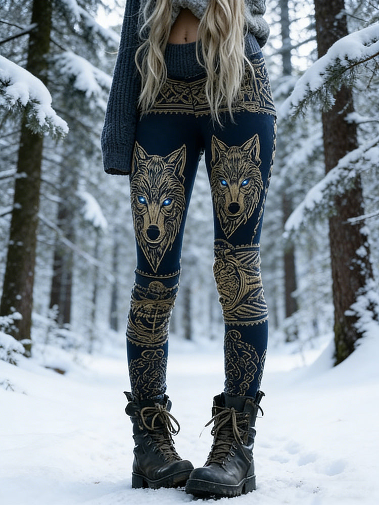 Retro Viking Celtic Knot Wolf Head Pattern Warm Knitted Leggings