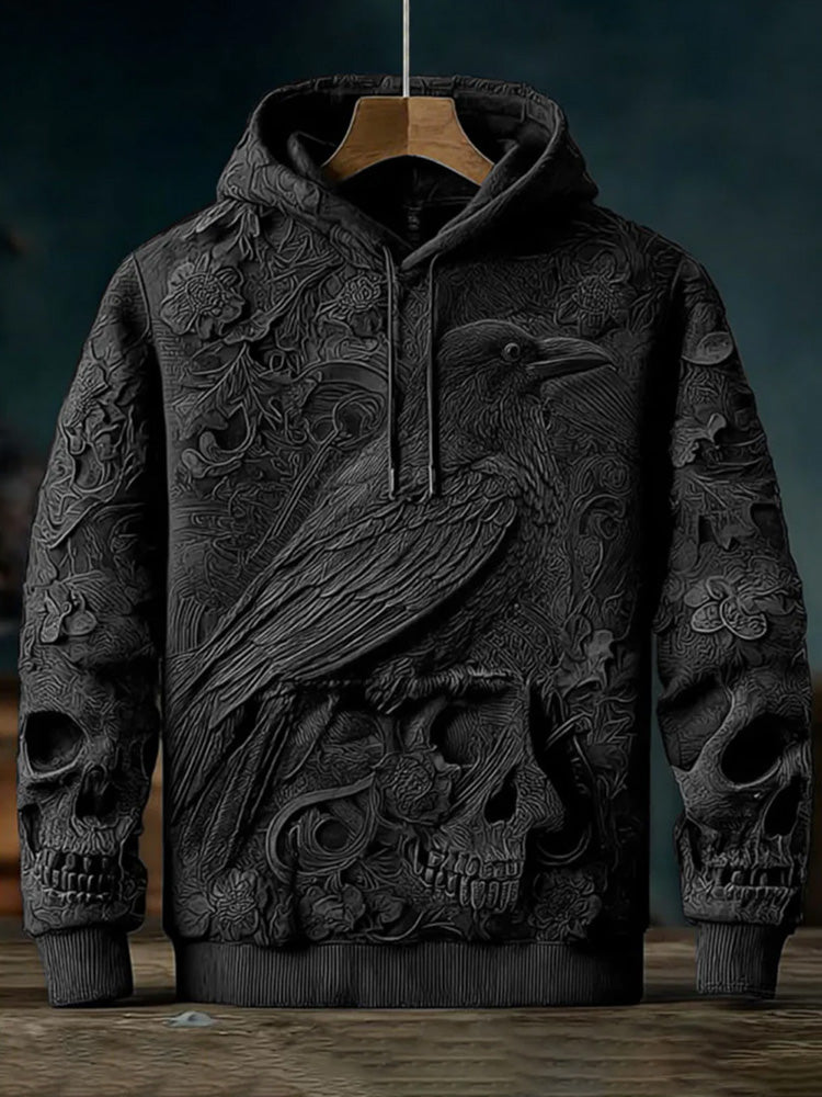 Vintage Halloween Crow Skull Print Art Casual Hoodie
