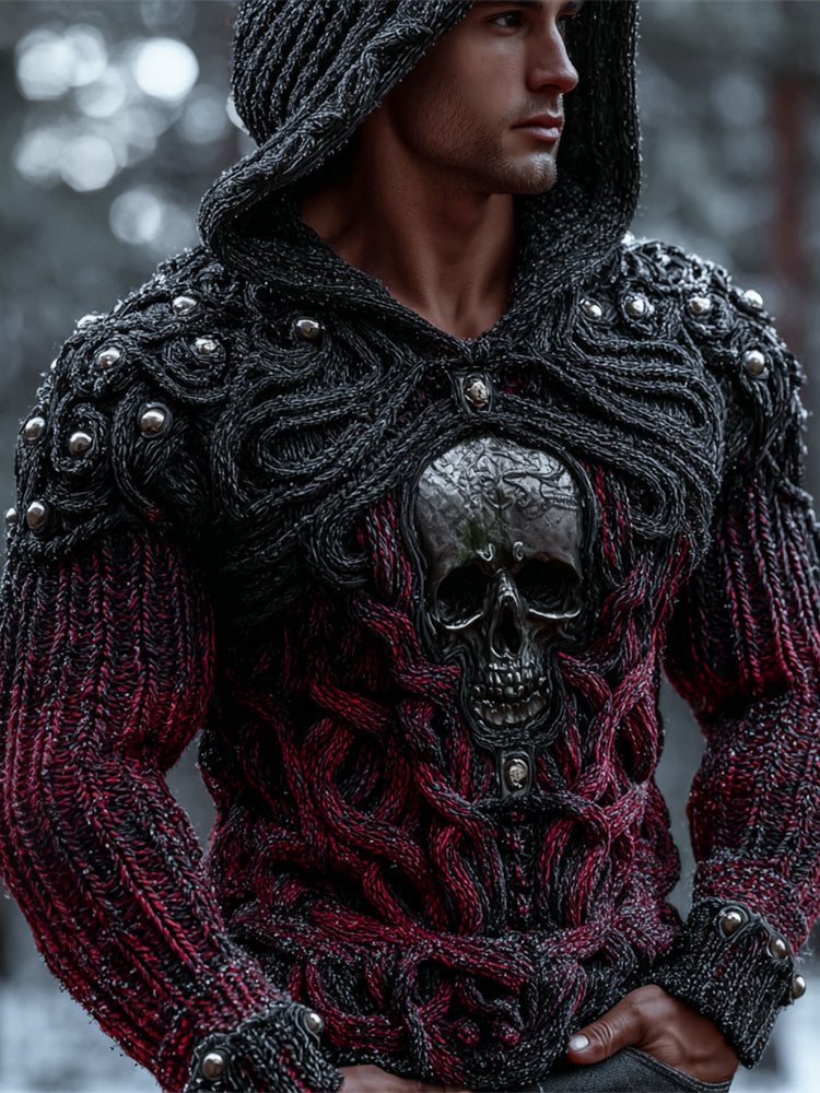 Rock And Roll Studded Metal Skull Art Men's Chunky Knit Hooded Sweater