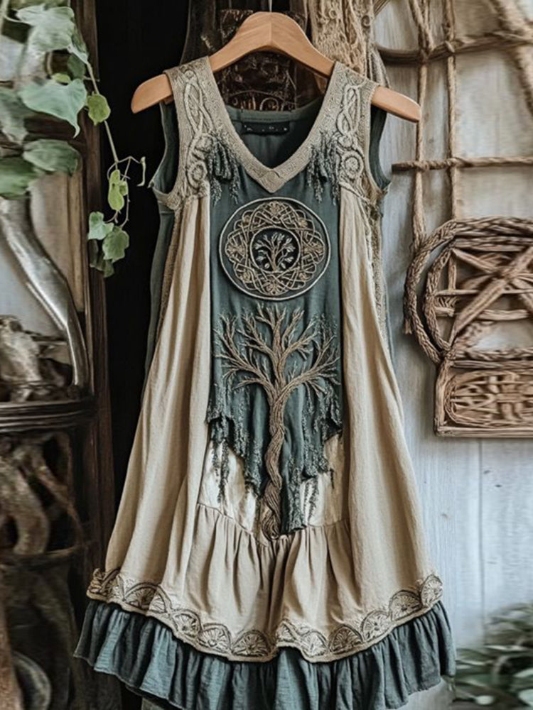 Viking Celtic Knot Patchwork Art Linen Tank Dress