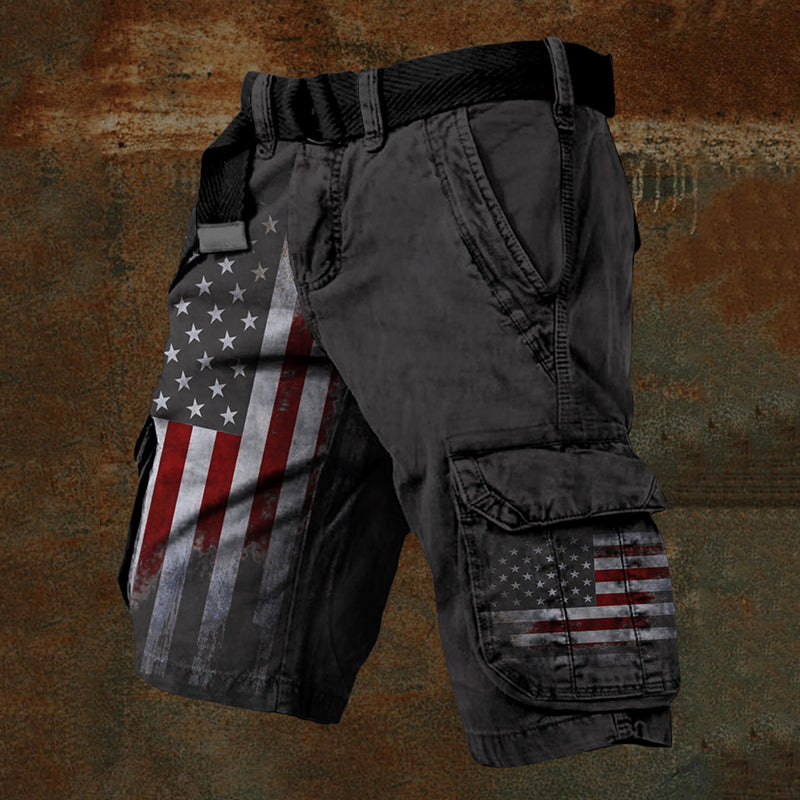 Men's American Flag Print Vintage Cargo Shorts