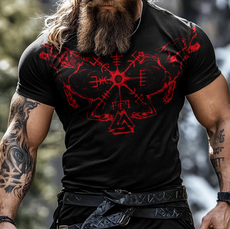 Men's Vintage Viking Rune Wolf Print T-shirt