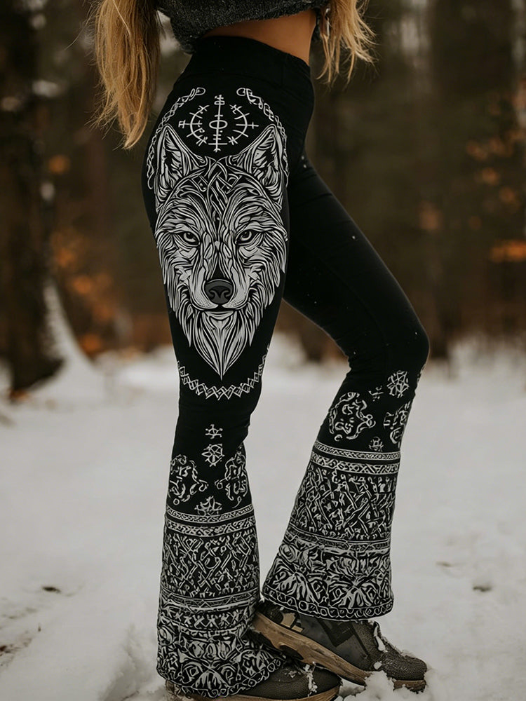 Women's Retro Viking Celtic Wolf Pattern Comfortable Flared Pants