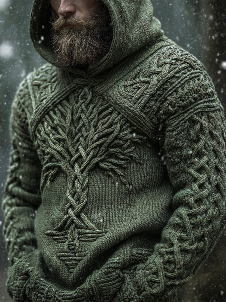 Mystical Norse Mythology Tree Of Life Men's Chunky Knit Hooded Sweater