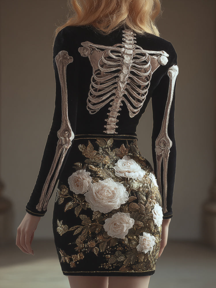 Women Halloween Human Anatomy Art Flower Round Neck Long Sleeve Skirt