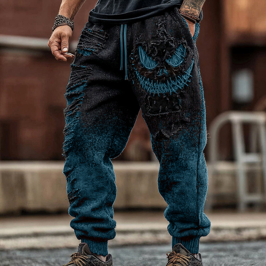 Men's Halloween Spooky Face Gradient Inspired Knitted Distressed Knit Casual Long Pants