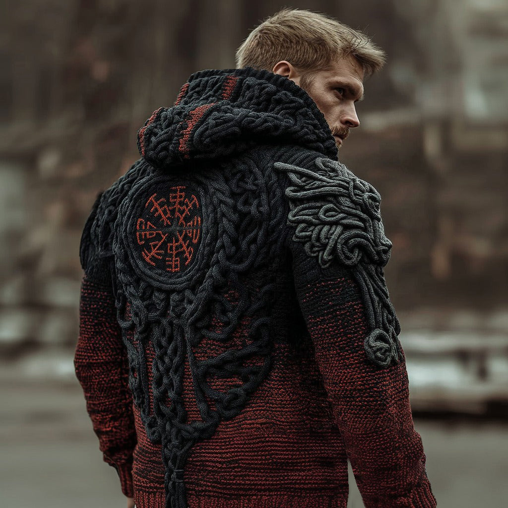 Men's Vegvisir Viking Runes Gradient Chunky Zipper Up Hooded Sweater