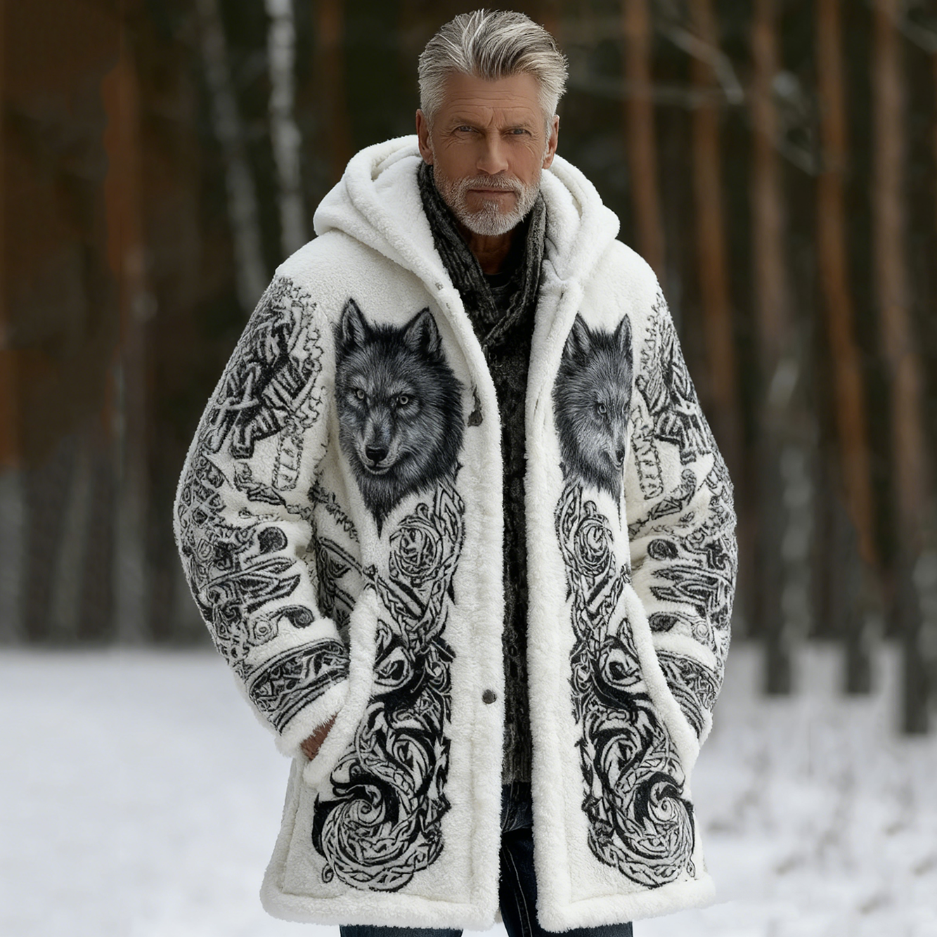 Men's Viking Celtic Wolf Pattern Art Flannel Cozy Warm Zipped Hooded Jacket