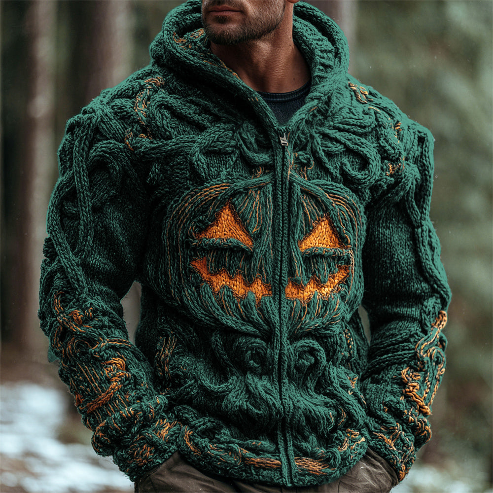 Halloween Pumpkin Emoji Men's Chunky Knit Full Zip Hooded Sweater