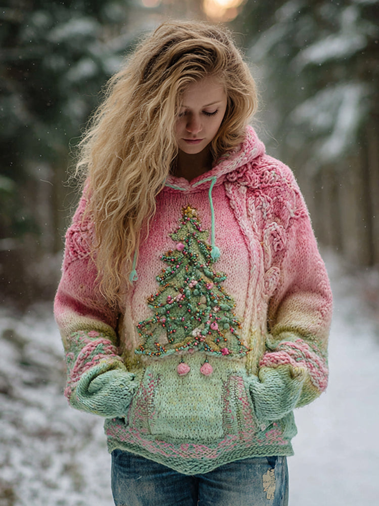 Pearl Christmas Tree Gradient Warm Hooded Sweater