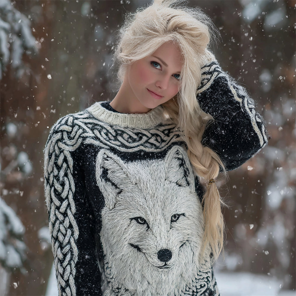 Arctic Fox & Celtic Knot Viking Art Women's Cozy Sweater