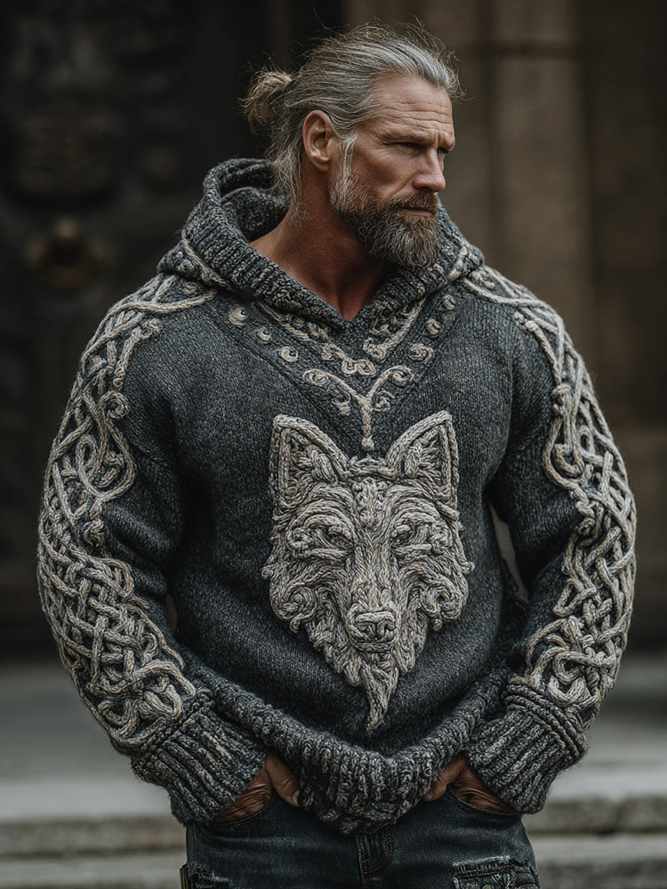 Men's Viking Wolf Celtic Jacquard Knit Hoodie Sweater