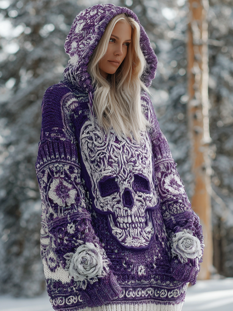 Halloween Skeleton Element Viking Style Women's Hooded Pullover Knit Sweater