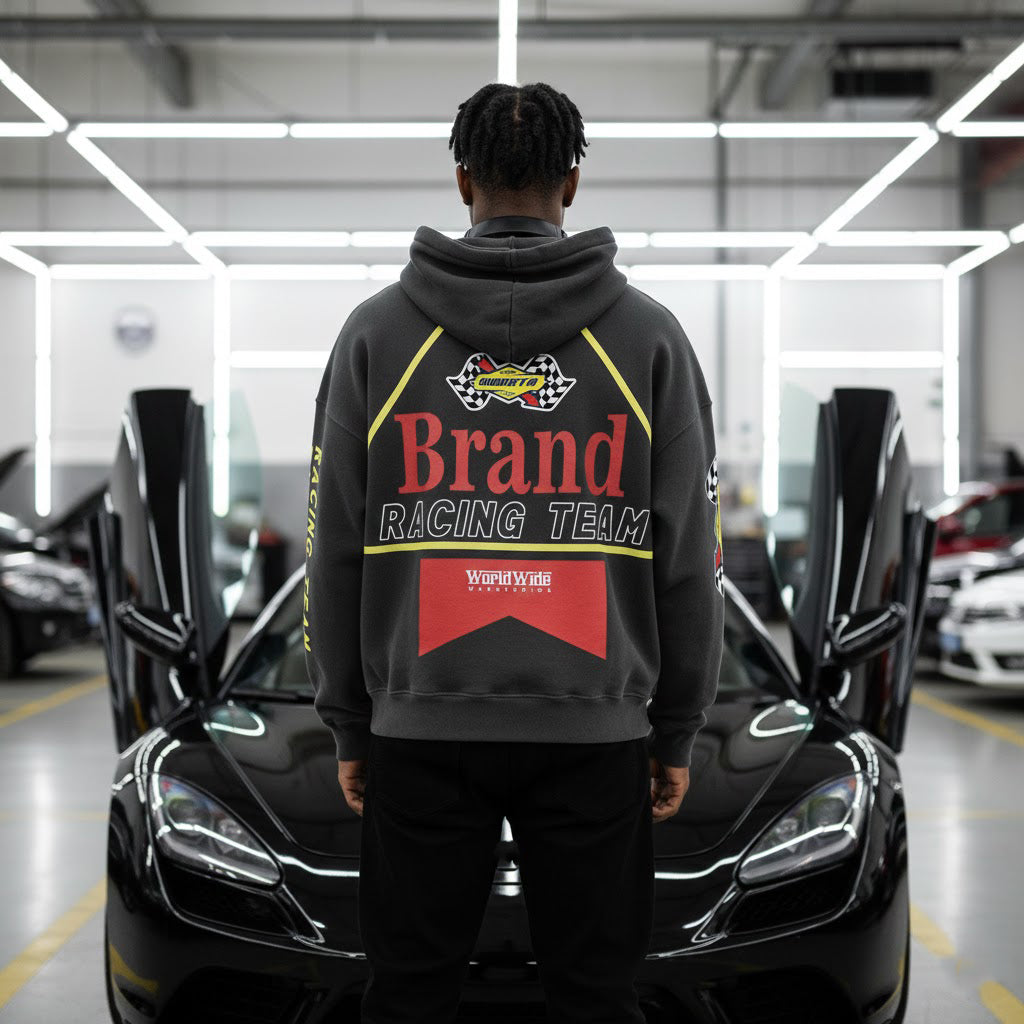 Vintage Washed And Distressed Racing-themed Loose-fitting Hoodie