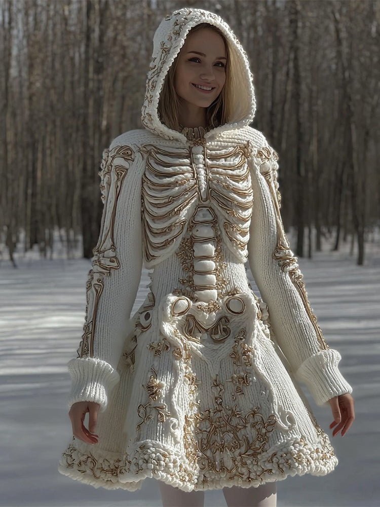 Women's Halloween Skeleton Anatomy Art Knitted Hooded Flared Dress